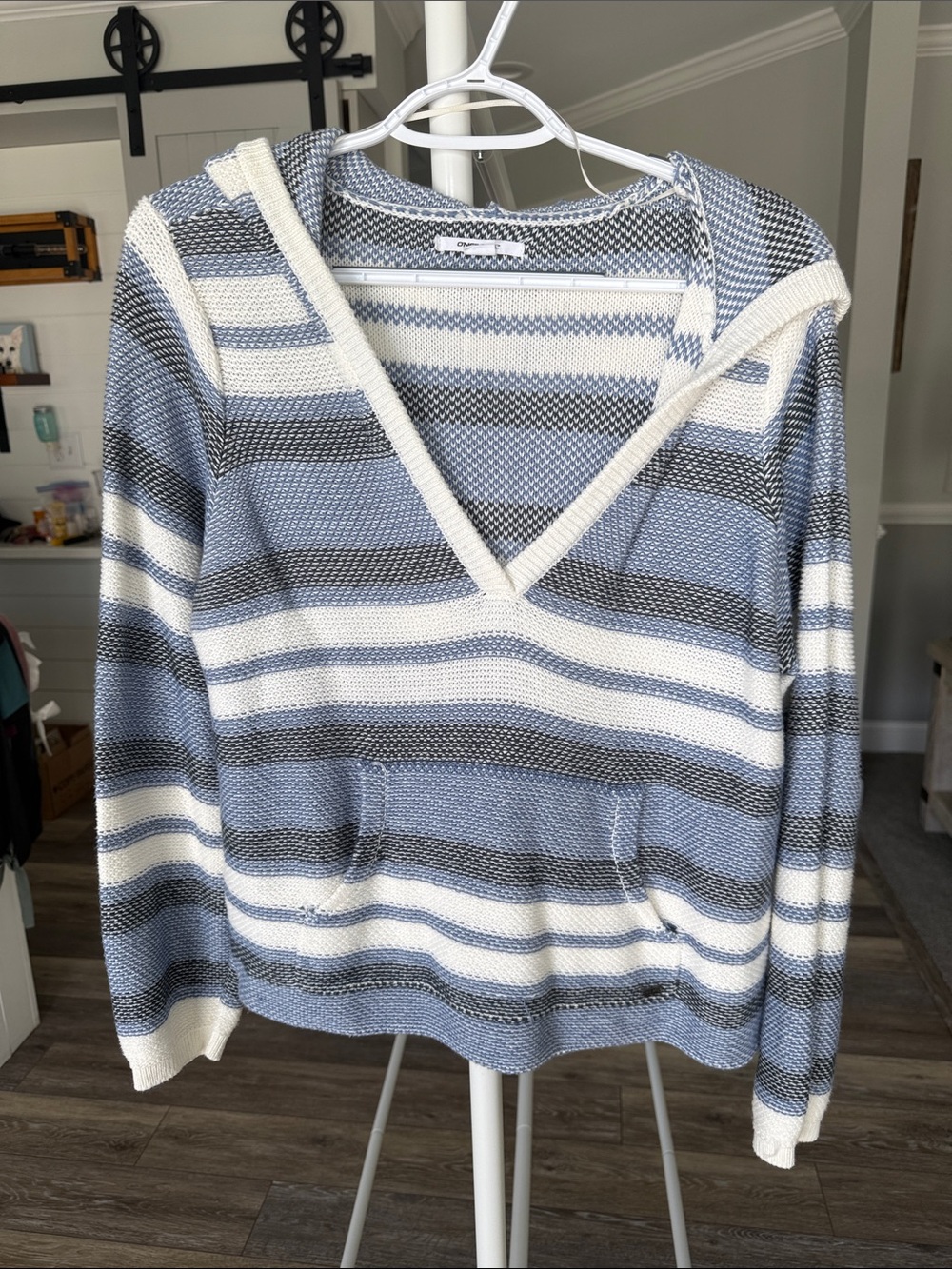 O'Neill Striped V-Neck Hooded Sweater in Blue, White & Gray
